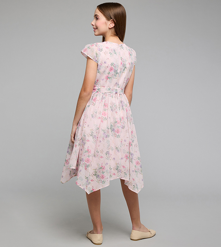 Floral Print Asymmetric Dress with Crew Neck and Cap Sleeves