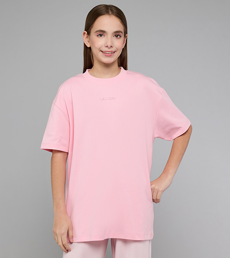 Print Detail Oversized T-Shirt with Crew Neck and Short Sleeves