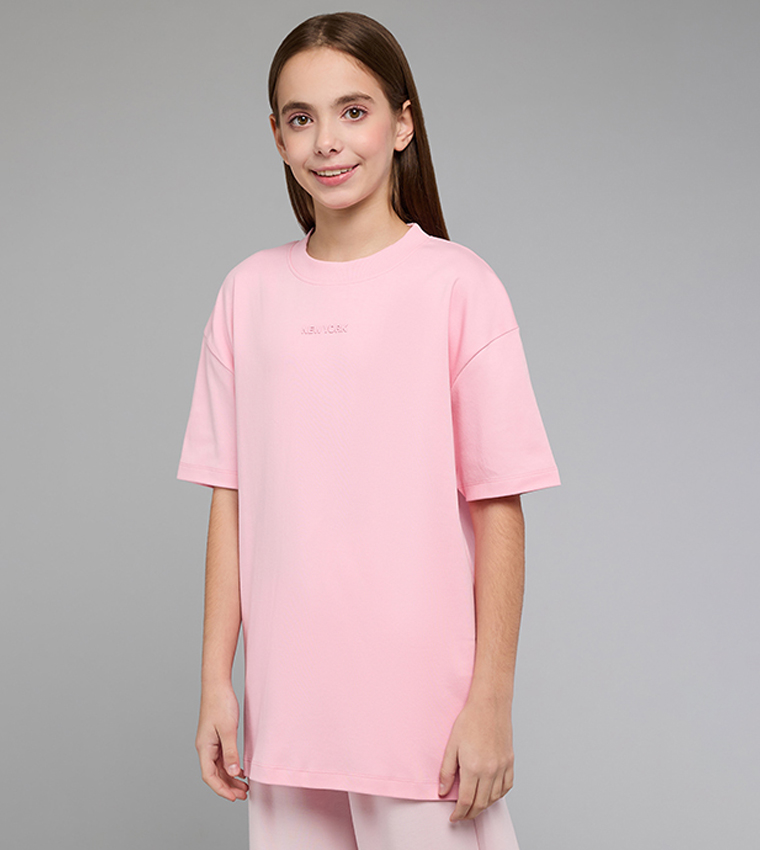 Print Detail Oversized T-Shirt with Crew Neck and Short Sleeves