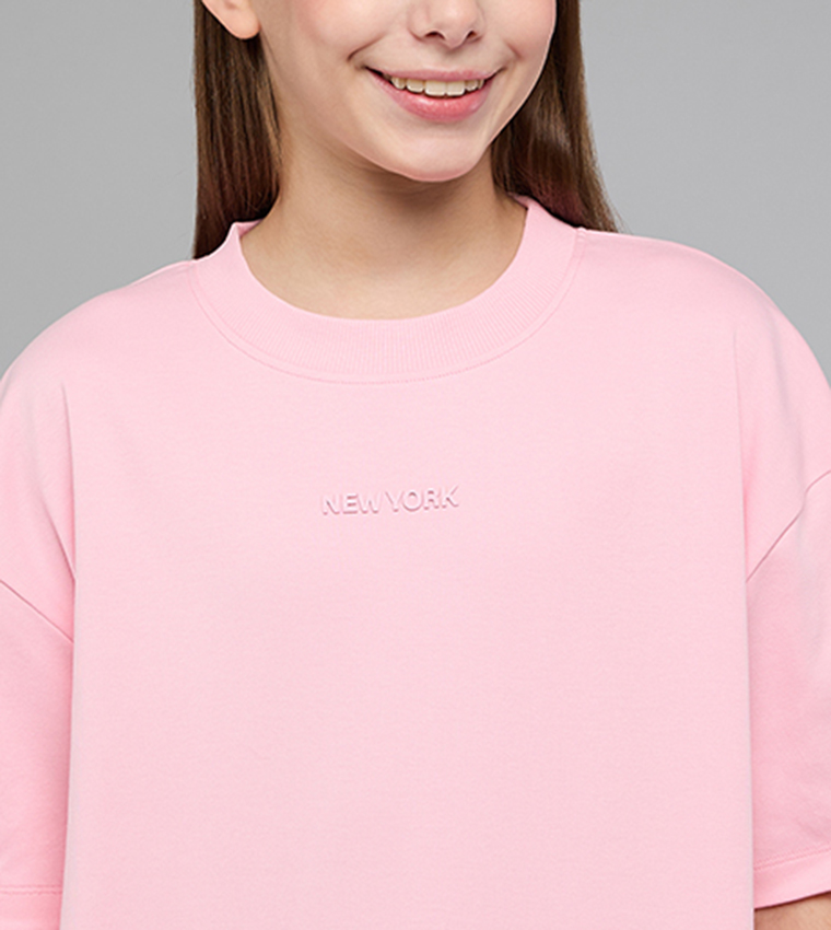 Print Detail Oversized T-Shirt with Crew Neck and Short Sleeves