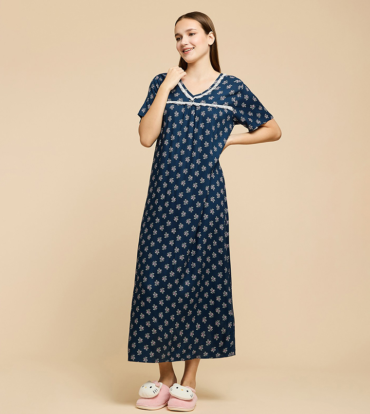 Printed Nightdress with V-Neck and Short Sleeves