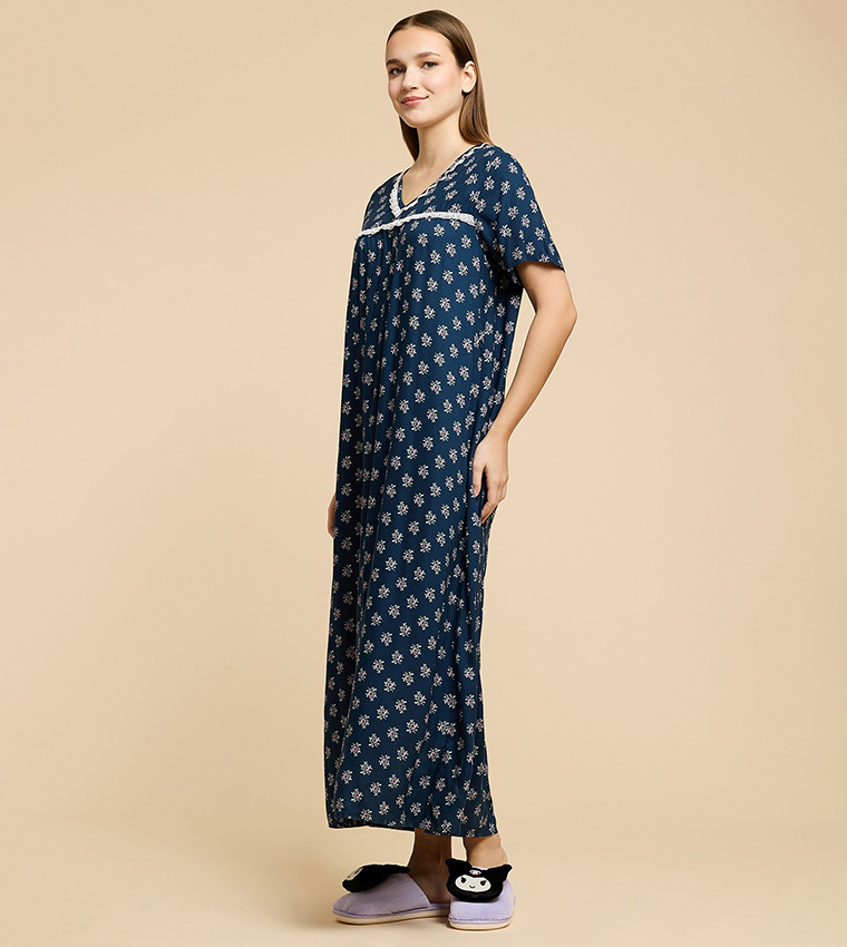 Printed Nightdress with V-Neck and Short Sleeves