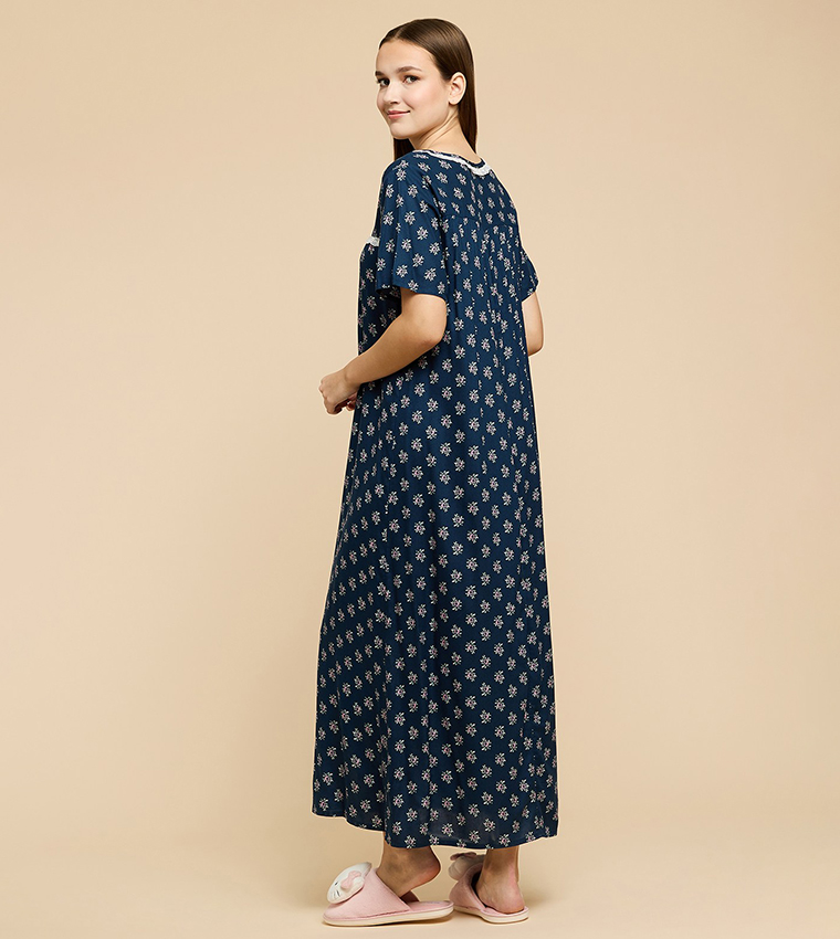 Printed Nightdress with V-Neck and Short Sleeves