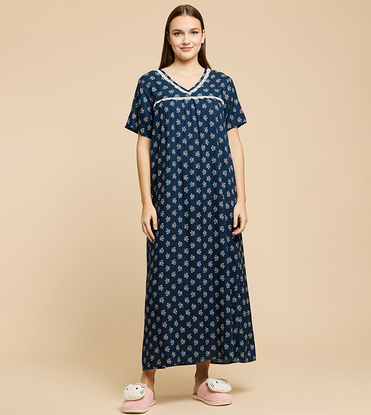Printed Nightdress with V-Neck and Short Sleeves