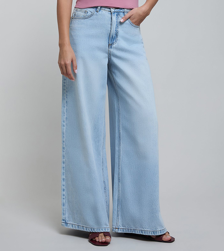 Faded Wide Leg Jeans with Button Closure