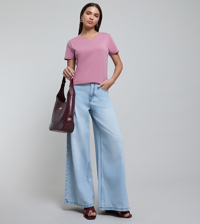 Faded Wide Leg Jeans with Button Closure
