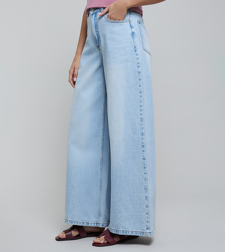 Faded Wide Leg Jeans with Button Closure