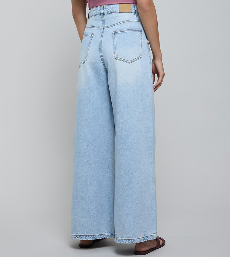 Faded Wide Leg Jeans with Button Closure
