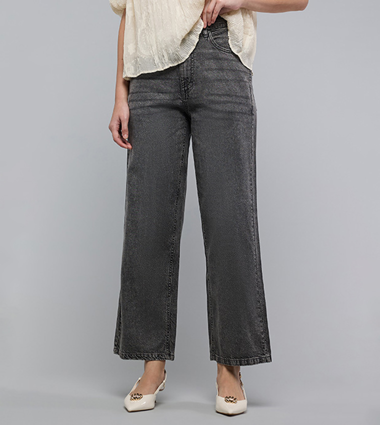Washed Wide Leg Jeans with Button Closure