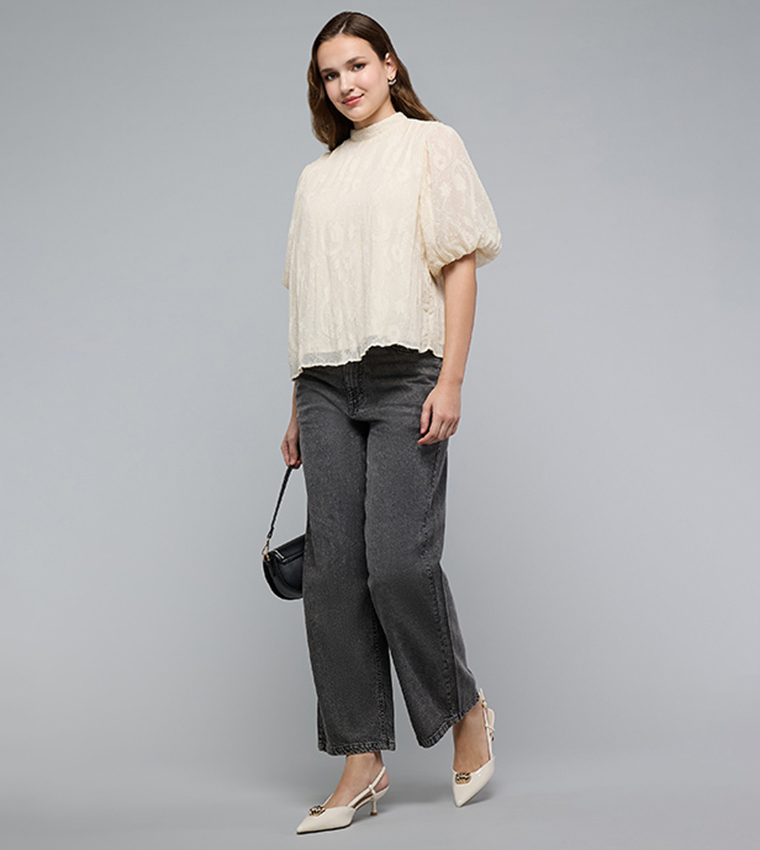 Washed Wide Leg Jeans with Button Closure