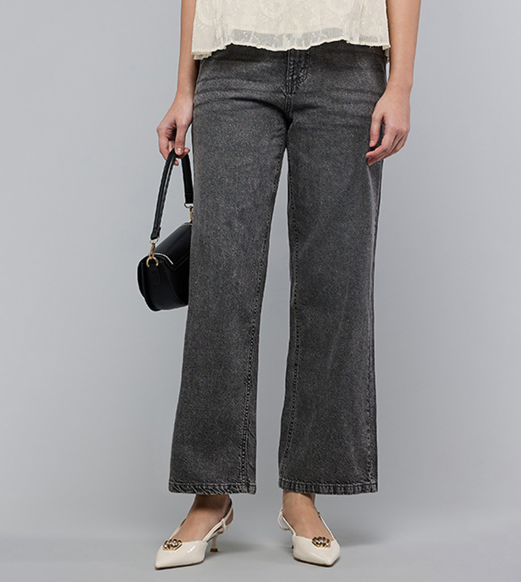 Washed Wide Leg Jeans with Button Closure