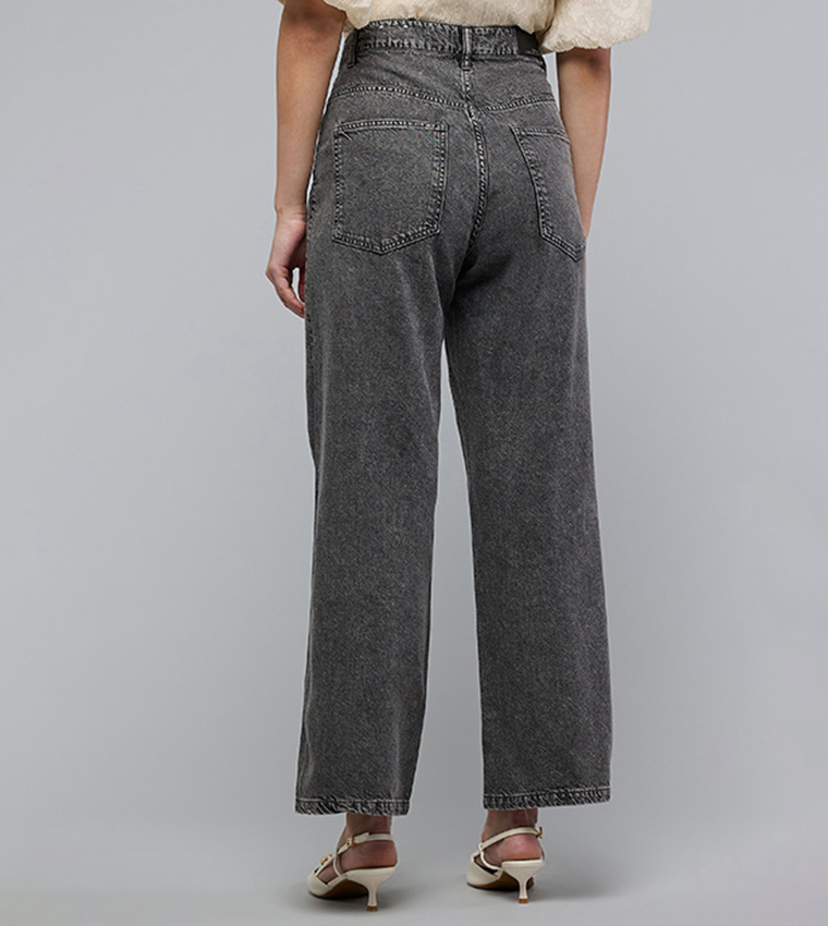 Washed Wide Leg Jeans with Button Closure