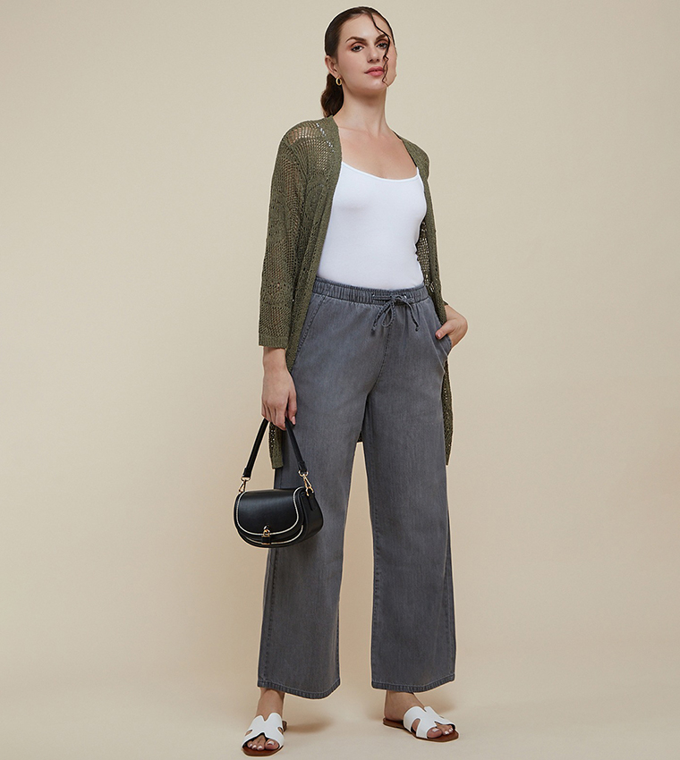 Washed Straight Jeans with Drawstring Waist