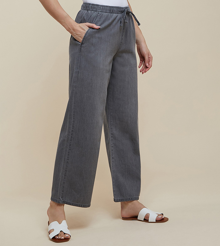 Washed Straight Jeans with Drawstring Waist