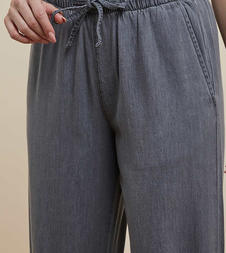 Washed Straight Jeans with Drawstring Waist