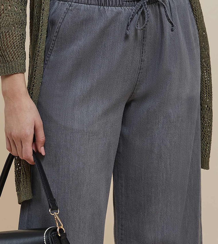 Washed Straight Jeans with Drawstring Waist