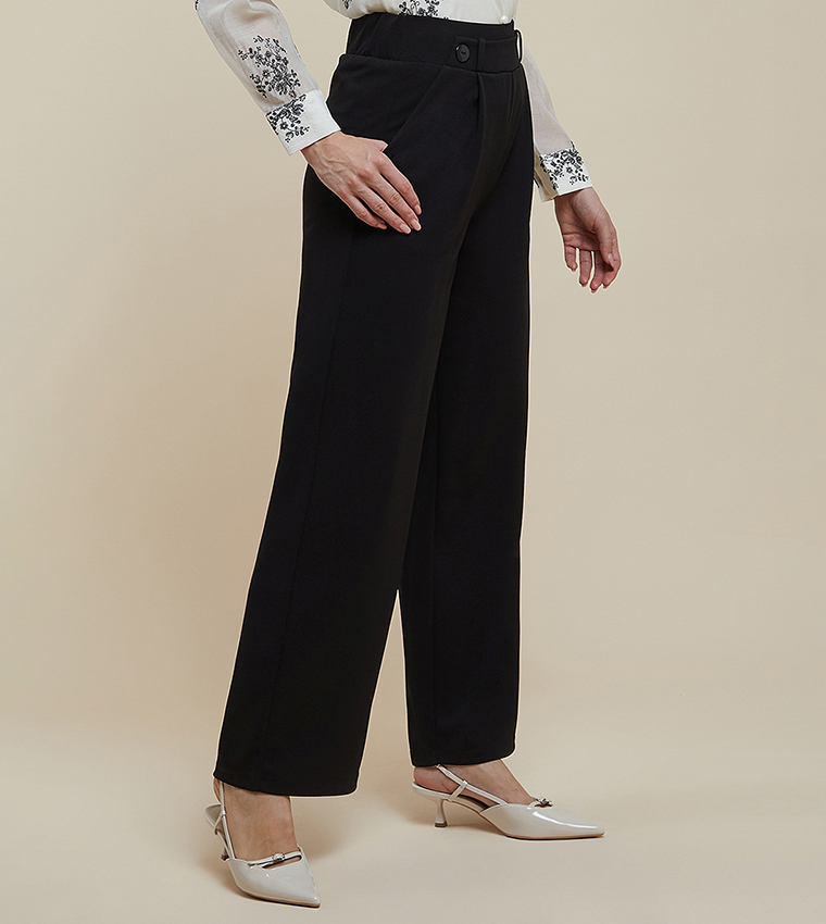 Solid Wide Leg Trousers with Button Closure