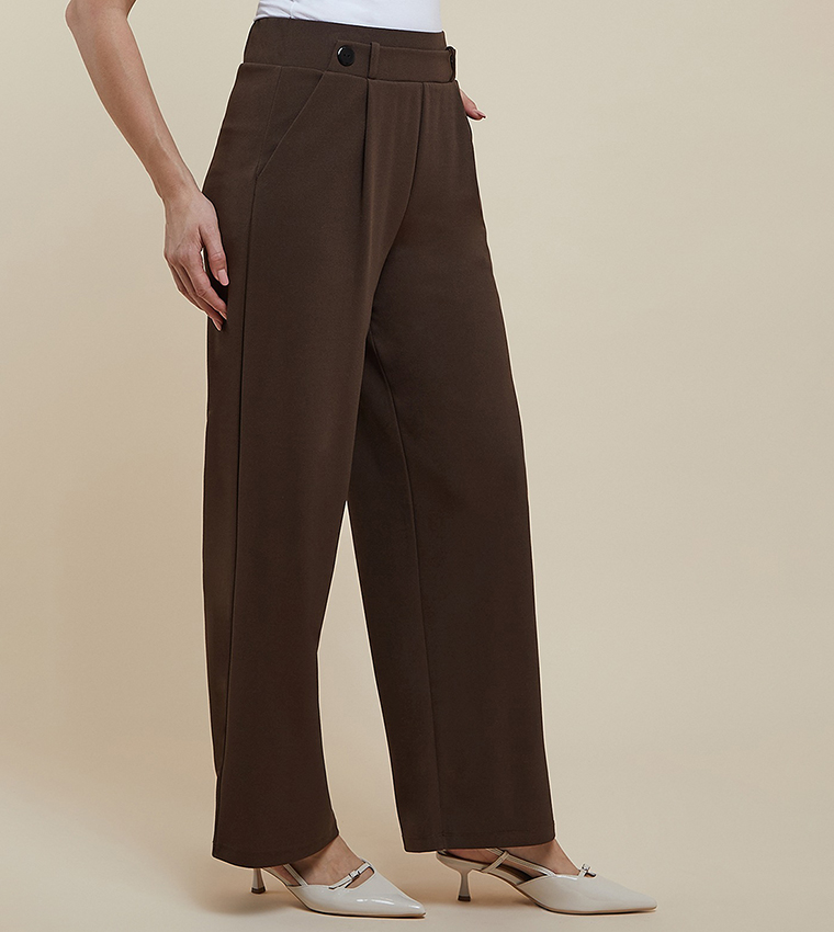 Solid Wide Leg Trousers with Button Closure