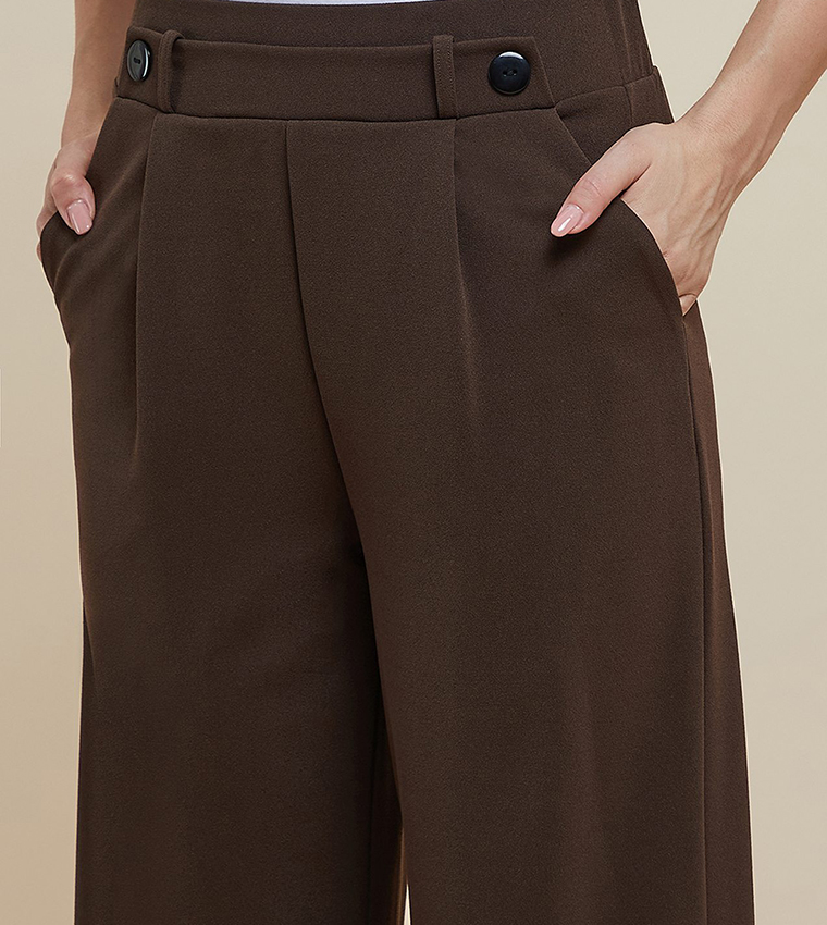 Solid Wide Leg Trousers with Button Closure