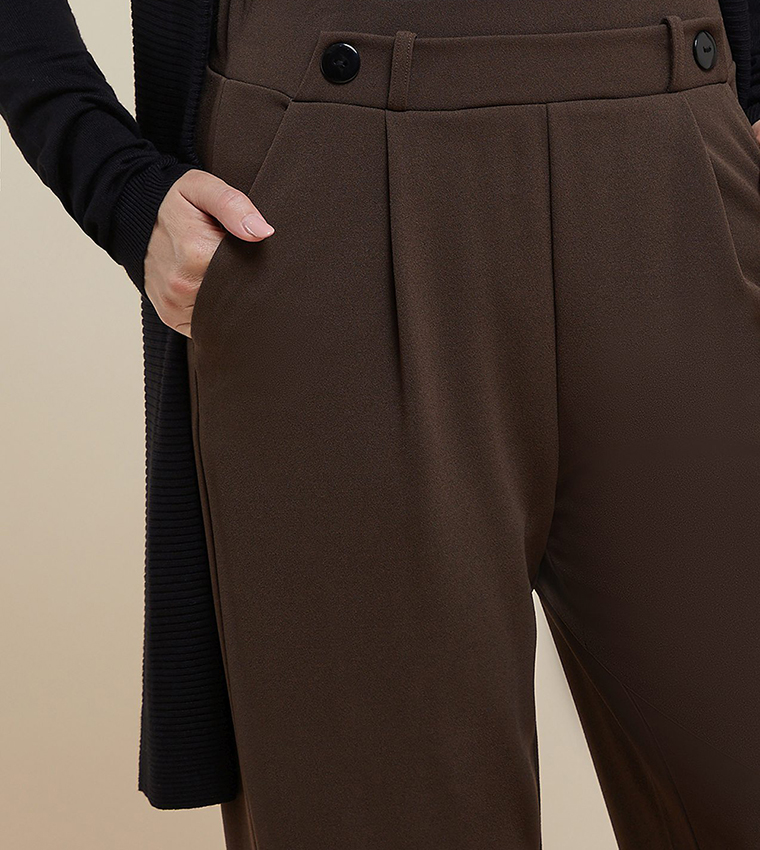 Solid Wide Leg Trousers with Button Closure