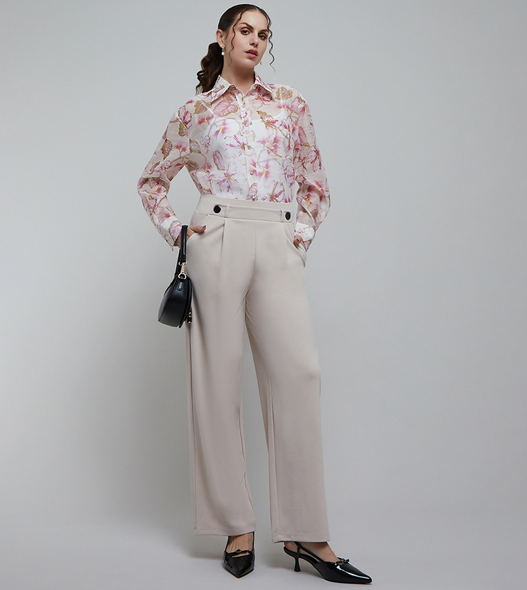 Solid Wide Leg Trousers with Button Closure