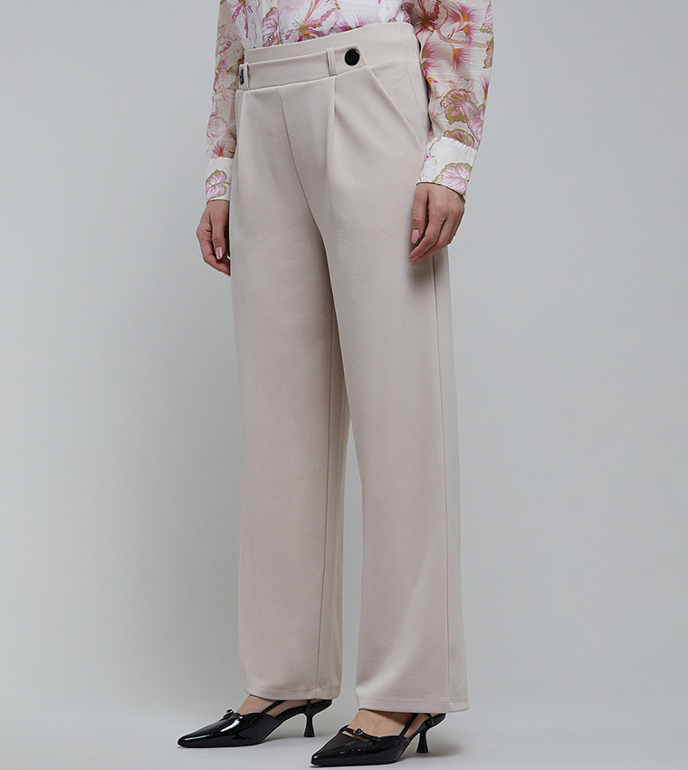 Solid Wide Leg Trousers with Button Closure