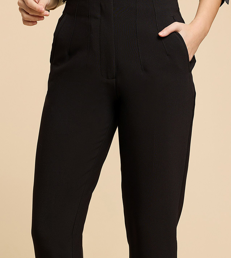 Pintuck Tapered Fit Trousers with Zipper Closure