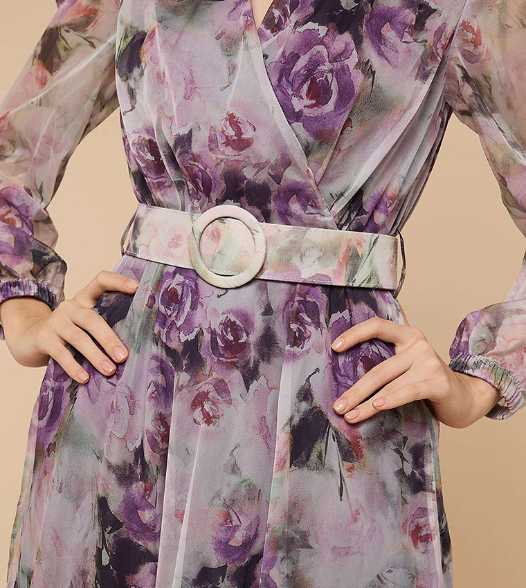 Floral Print Midi Dress with V-Neck and Puff Sleeves