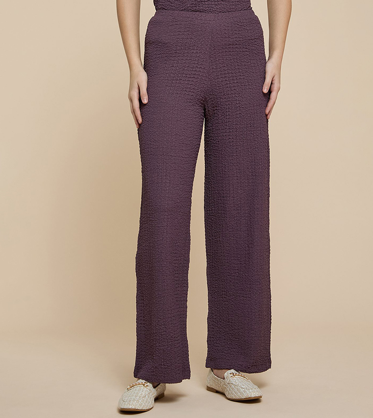 Textured Wide Leg Pants with Elastic Waist