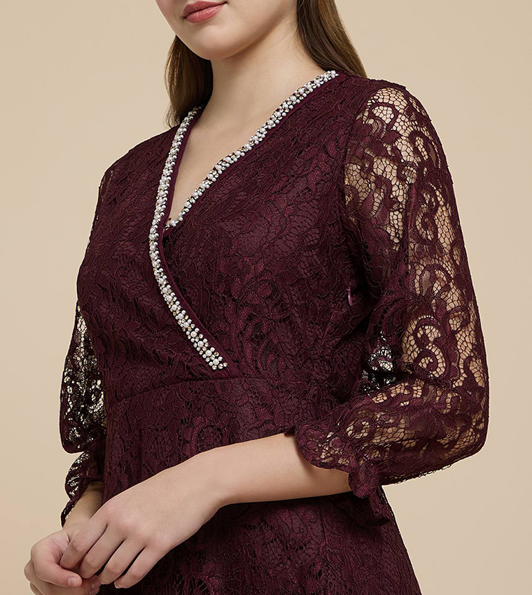 Lace Flared Dress with V-Neck and 3/4 Sleeves