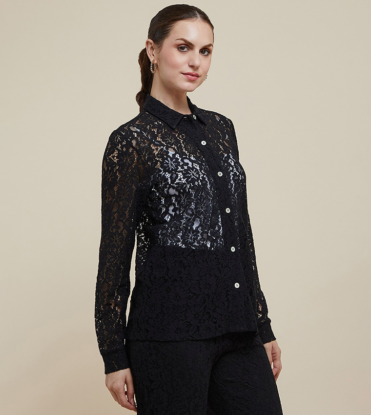Lace Shirt with Classic Collar and Long Sleeves