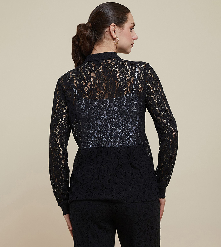 Lace Shirt with Classic Collar and Long Sleeves