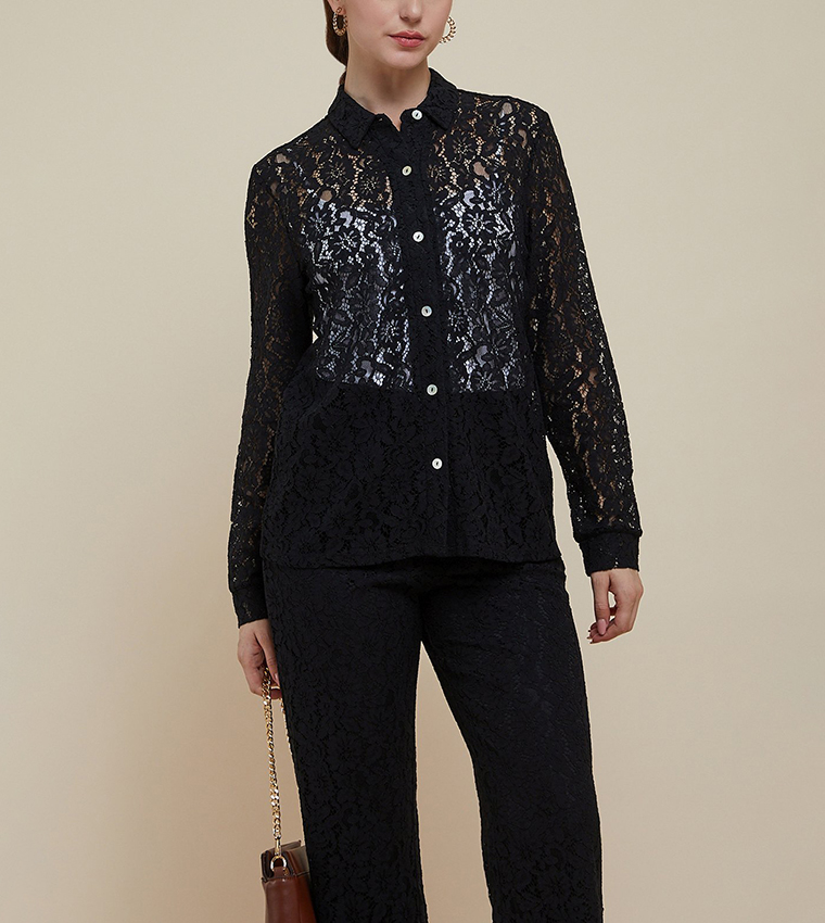 Lace Shirt with Classic Collar and Long Sleeves