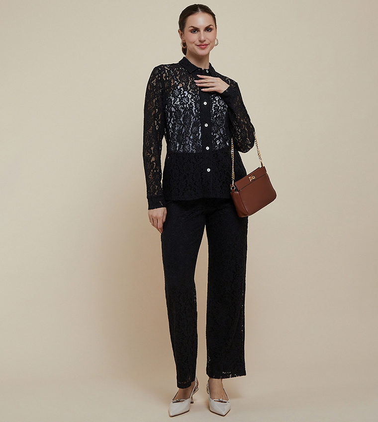 Lace Shirt with Classic Collar and Long Sleeves