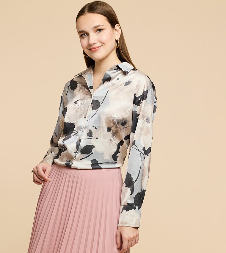 Printed Satin Shirt with Classic Collar and Long Sleeves