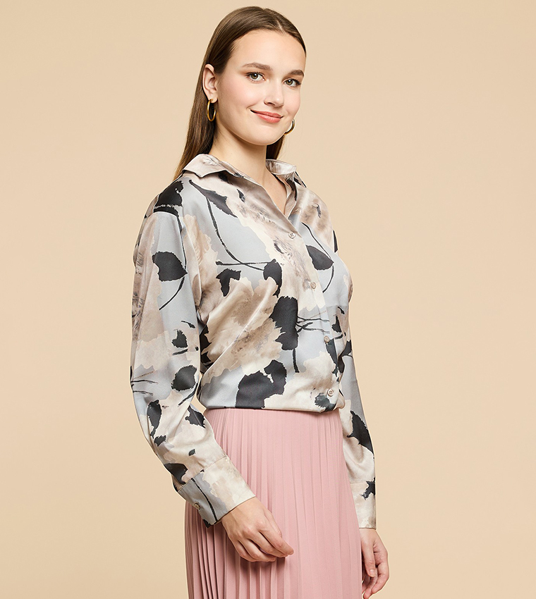 Printed Satin Shirt with Classic Collar and Long Sleeves