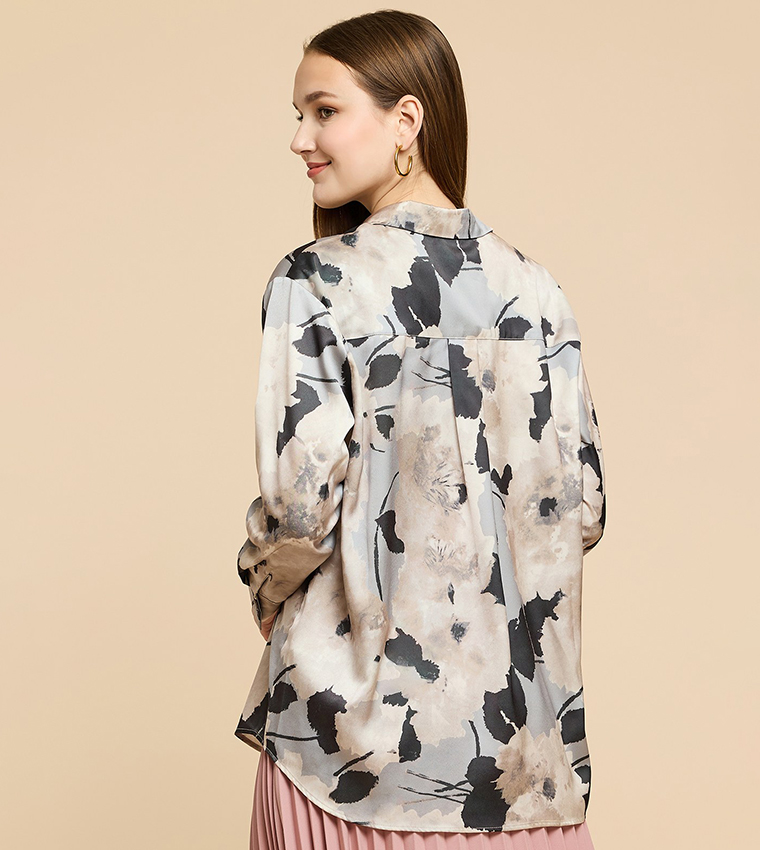 Printed Satin Shirt with Classic Collar and Long Sleeves
