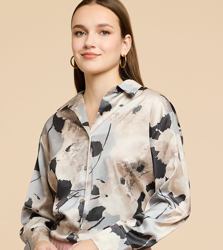 Printed Satin Shirt with Classic Collar and Long Sleeves