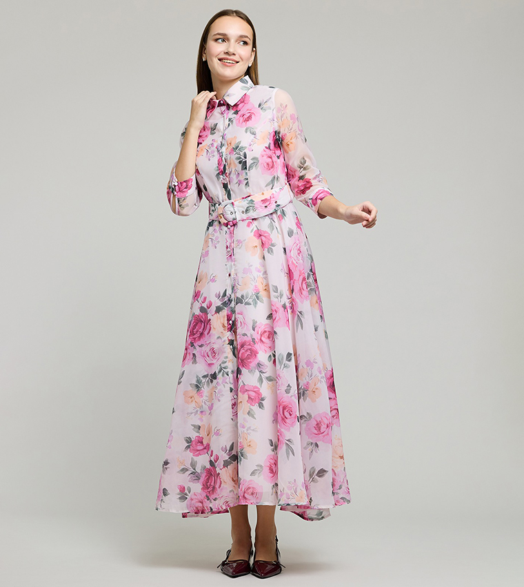 Floral Print Shirt Dress with 3/4 Sleeves