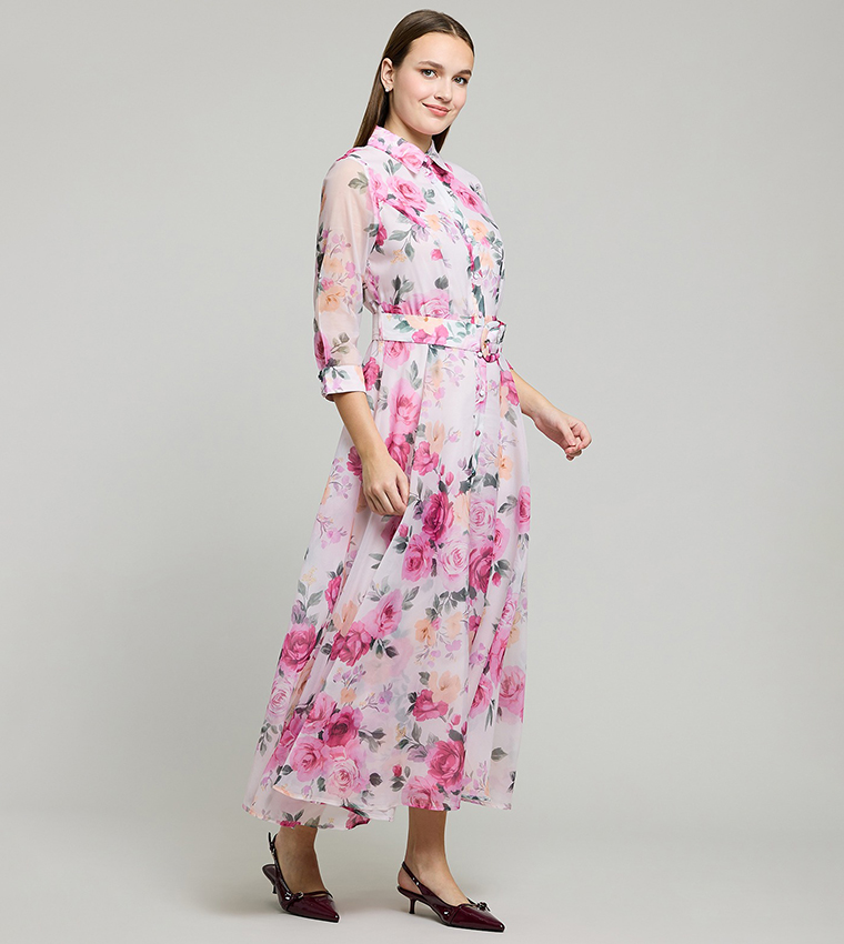 Floral Print Shirt Dress with 3/4 Sleeves