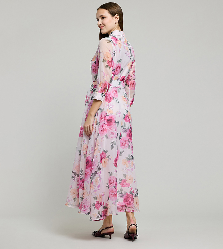 Floral Print Shirt Dress with 3/4 Sleeves