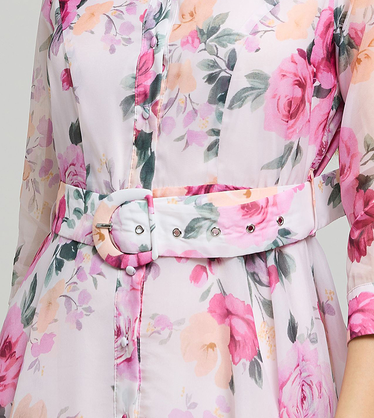 Floral Print Shirt Dress with 3/4 Sleeves