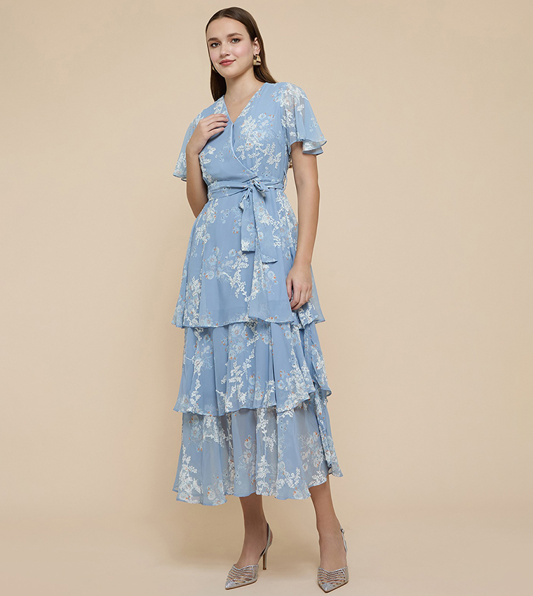 Buy R&B Floral Print Layered Dress With V Neck And Flared Sleeves In Blue |  6thStreet Kuwait