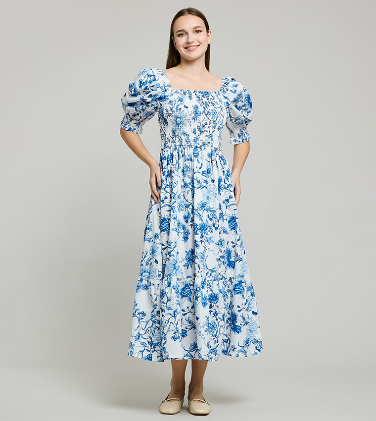 Printed Midi Dress with Square Neck and Puff Sleeves