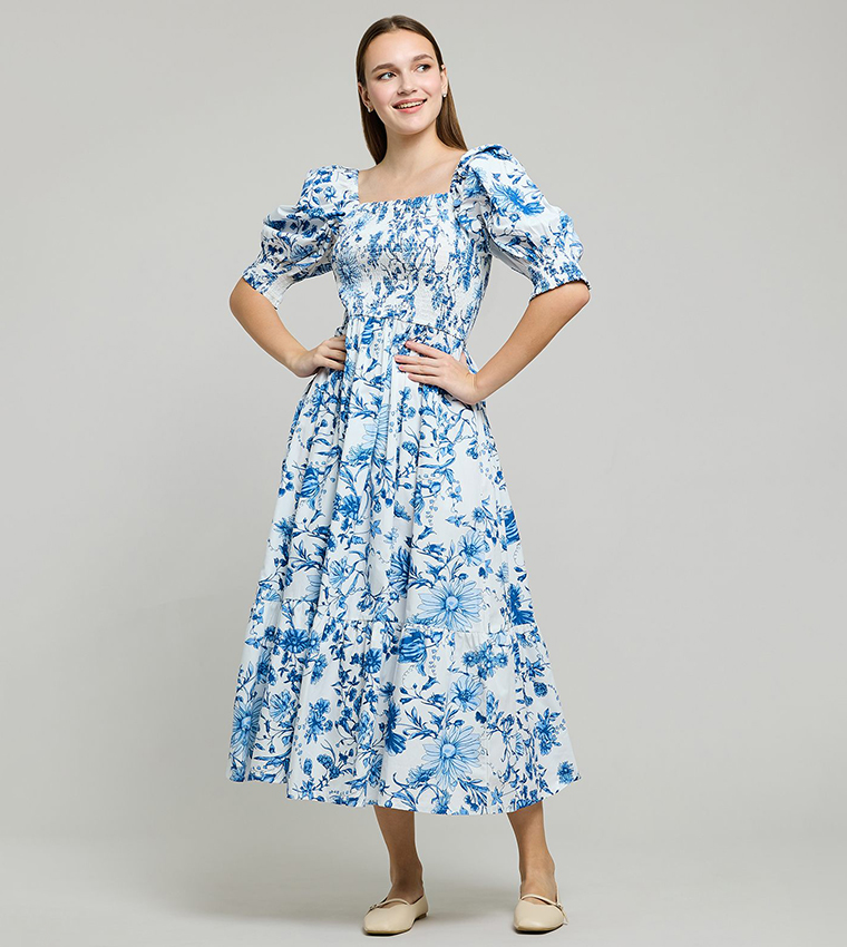 Printed Midi Dress with Square Neck and Puff Sleeves