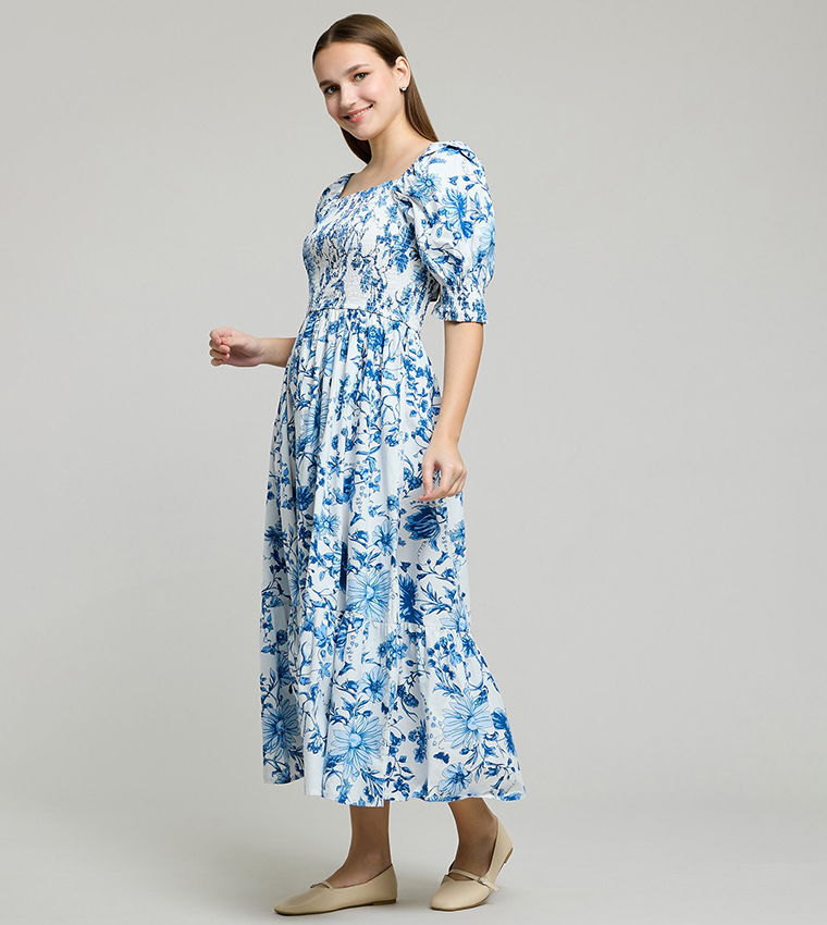 Printed Midi Dress with Square Neck and Puff Sleeves