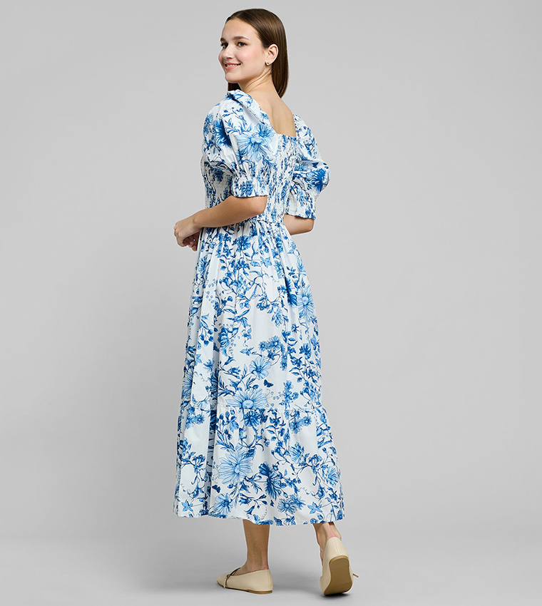 Printed Midi Dress with Square Neck and Puff Sleeves