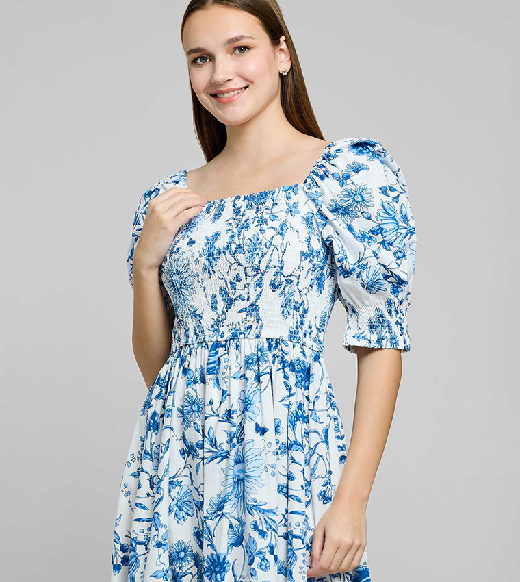 Printed Midi Dress with Square Neck and Puff Sleeves