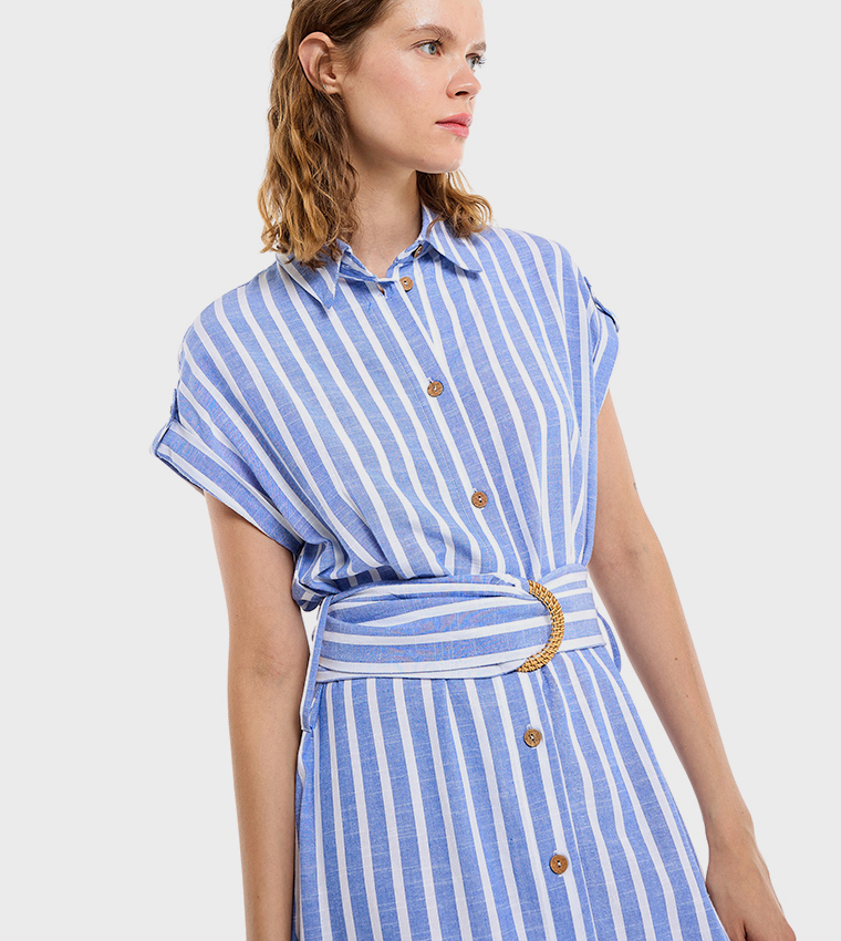Striped Shirt Dress with Short Sleeves