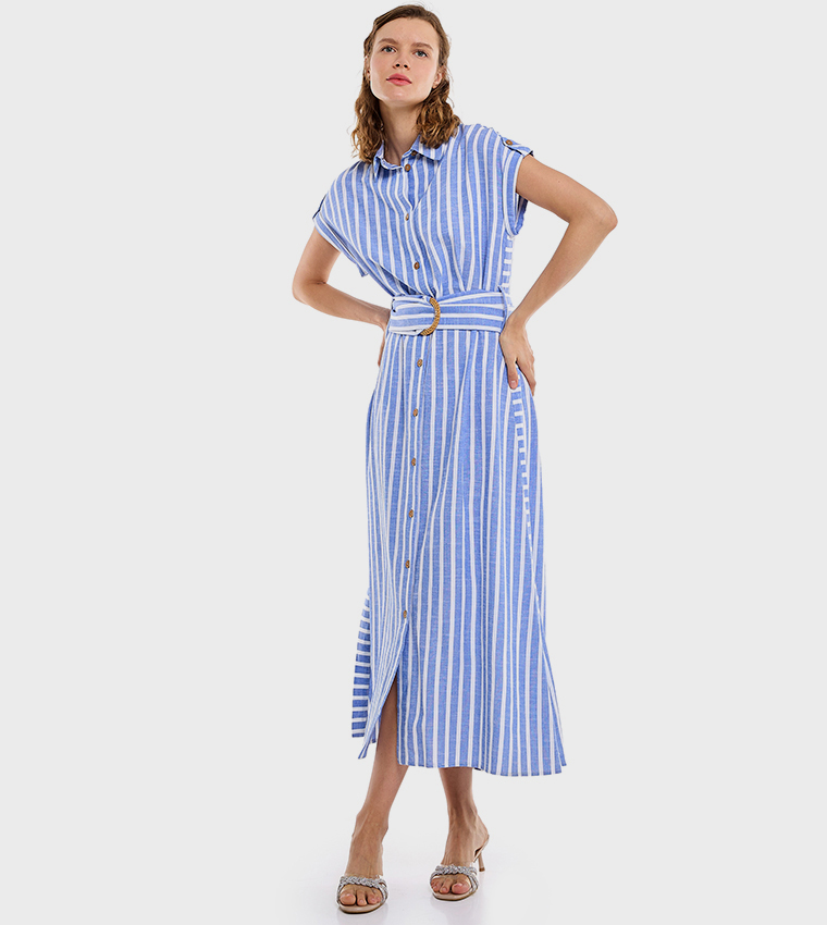 Striped Shirt Dress with Short Sleeves